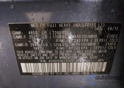 2015 Subaru Outback 3.6R Limited z USA, uszkodzony, nr VIN 4S4BSENC7F3327064